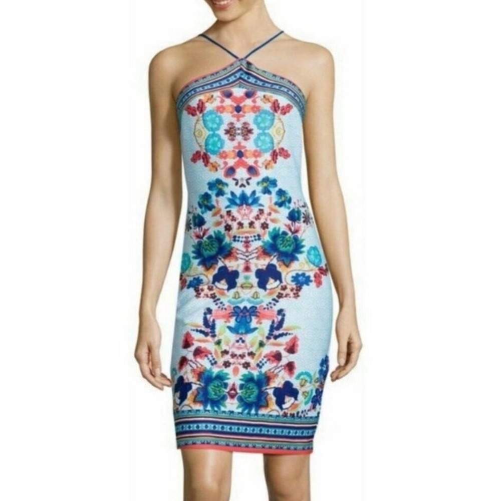 Bisou Bisou Michele Bohbot‎ Blue Floral Medallion Halter Sheath Dress Sz 12